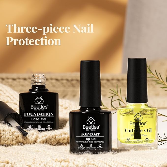 Beetles Gel Base and Top Coat with Cuticle Oil Set, 3Pcs No Wipe Top Gel Glossy Shine Long Lasting, Cuticle Oil Care for Dry Damaged for Stronger Nails Nail Care Kit Gifts for Women