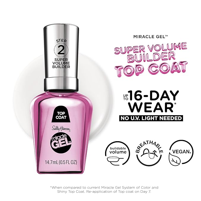 Sally Hansen Miracle Gel Nail Polish Super Volume Builder Top Coat | Salon Quality, Gel-Like Formula, Two-Step System, No UV Light Needed, Long Lasting | Sheer, Glossy