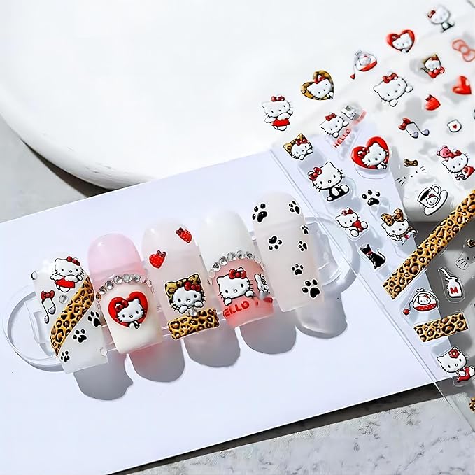 Dedyel Cute Nail Stickers 5D Embossed Cartoon Cat Nail Stickers Kawaii Animal Self-Adhesive Nail Decals for Women Girls Kids Nail Art Decoration