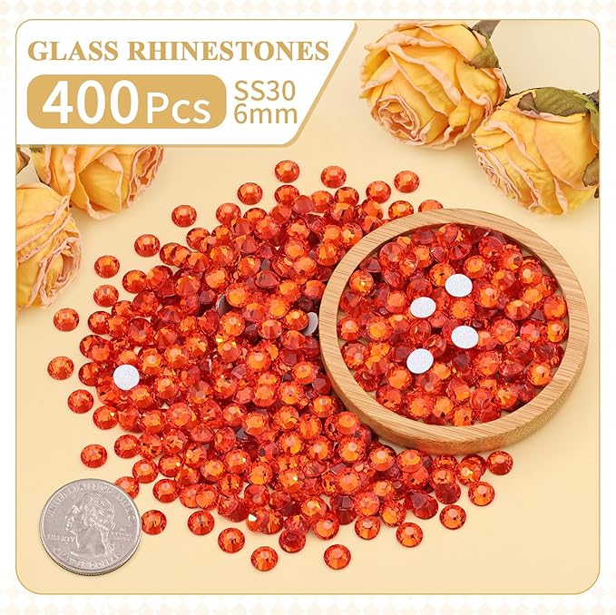 400PCS SS30/6mm Crystal Rhinestones (Orange/Hyacinth) with 2Pcs 10ml B7000 Jewelry Glue, Bedazzling Flatback Glass Rhinestones for Crafting, Gems Diomand Charm for Tumbler Shoes Clothing Mugs Nail Art