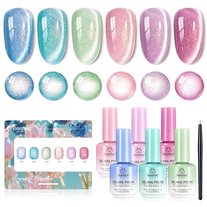 Beetles Crystal Garden Cat Eye Gel Nail Polish Set - 6 Colors 15ML Spring Gel Polish Kit Glitter Pink Blue Orange Green Magnetic Effect Soak Off UV Nail Art DIY Manicure Gift for Women