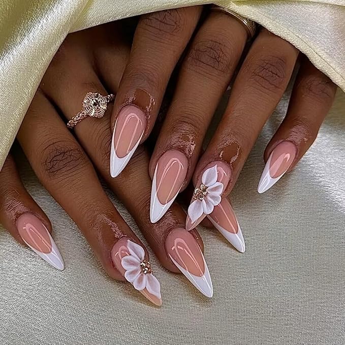 White French Press on Nails Long Stiletto False Nails with 3D Flower Designs Handmade Fake Nails Handmade Muti-Layer Gel Acrylic Full Cover Stick on Nails for Women（Size M)