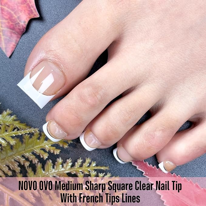NOVO OVO Clear Press on Toenails, Toe Nail Press ons for Women, White French Tip Sharp Square Pre-Designed Soft Gel Thick False Toenail Extension, Full Cover Acrylic for DIY x 15 Sizes 150 pcs