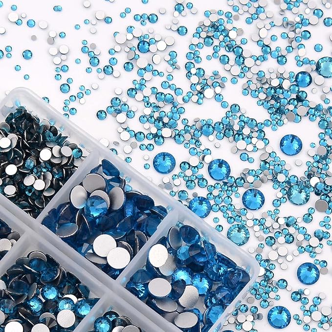 NCB 8000pcs Non Hotfix Rhinestones 10 Sizes Flatback Crystal Glass Rhinestones with Tweezers and Picking Pen for Nail Art Clothes Bags Phone Decorations Crafts DIY (007 Blue Zircon Mix SS3-SS30)