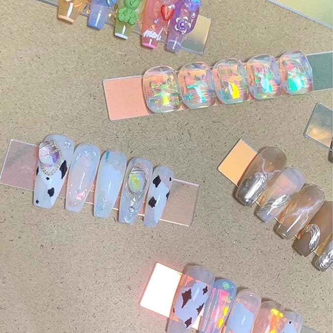 20 Pieces Holographic Nail Display Stand Holder with 9.8ft Double Sided Tape, Sparkle Acrylic False Nail Tips Sample Display, Nail Display Stand Board for Nail Art Salon