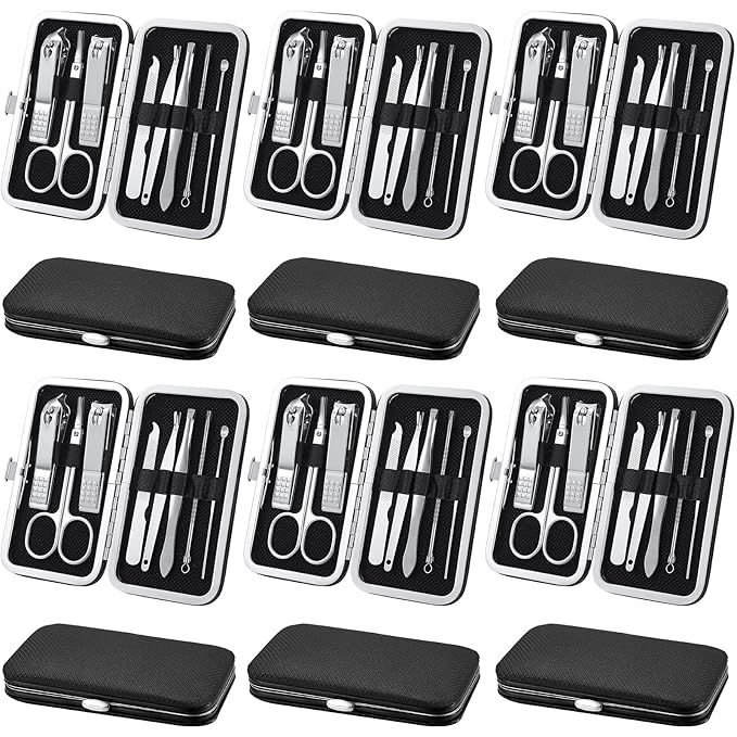 Geosar 12 Sets Manicure Set Nail Clippers Pedicure Kit 8 in 1 Grooming Stainless Steel Kits Nail Care Tools with Travel Case for Employee Coworker Teachers Nurse Gifts(Black)