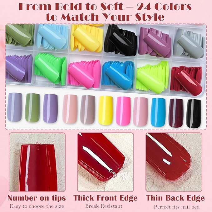 AddFavor Square Press on Nails, 576pcs Medium Square Fake Nails Full Cover Glossy Medium Nails Press on Acrylic False Nail Tips 24 Colors for Women