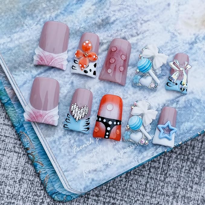 Duck Handmade Press on Nails 3D Florals Bow Candy Heart Nails Charms Design - Flower French Tip Short False Nails Multicolor Thick Acrylic Artificial Stick On Nails (Sweet Dream Candy Pops,L)