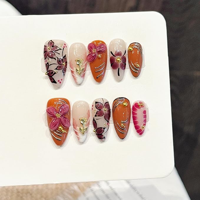 3D handmade Gel nails press on false nails Almond hand-painted gentle flower orange gold white pink cute acrylic Reusable fake nails designed kit,10 Nails, Size S #3330
