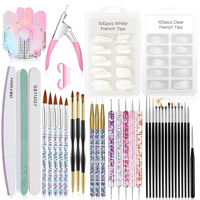 WAYI Nail Kit with 200 White & Clear French Tips, Nail Forms, Acrylic Brushes, Drawing Tools, Dotting Pens, Clipper, File & Buffer for UV Gel Acrylic DIY Manicure & Salon Use
