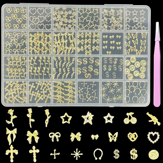 240 PCS Gold Nail Charms with 24 Types Elements Heat Cherry Star Bow Butterfly Rose Dollar Sign Coin Gun Cross for Nail Art Decoration Jewelry