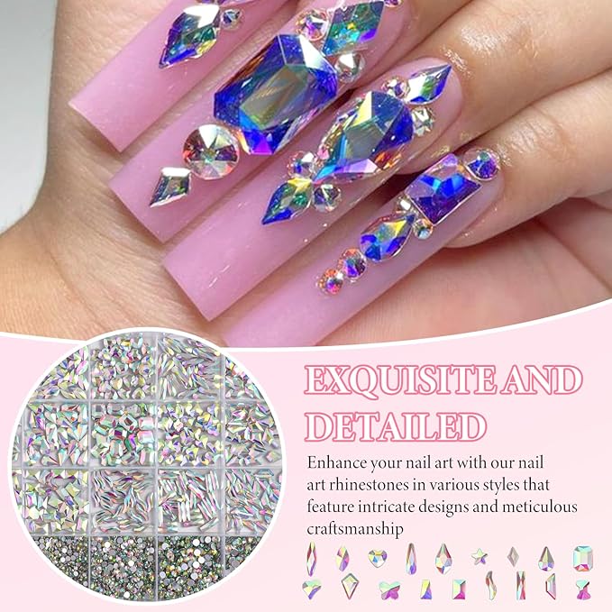 AB-Colors Flatback Nail Art Rhinestones Kit, Mix Crystal AB-Color Flatback Rhinestones Crystals Diamonds, Multi Shapes Glass Crystals Diamonds for Nail Art Design Crafts Clothes Shoes Jewelry
