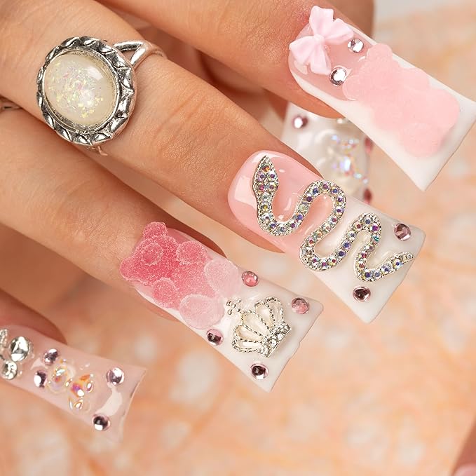 LOVFUL Press on Nails Marshmallo Gummy Bear Square | Handmade with Full Covered Crystals | Reusable Full Cover Nails | Duck Classic Regular 1.3 in | H26-S