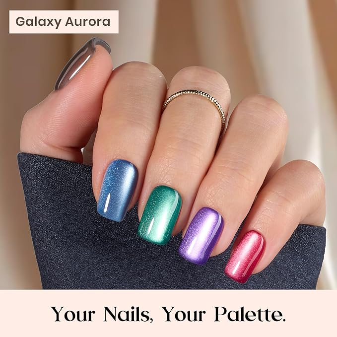 Beetles X Press Cat Eye Nails Kit - Galaxy Aurora | 7 Colors Cat Eye Press On Nails Short Square | 224Pcs 16 Sizes All-in-One Kit With Nail Glue,Remover,Builder Top Coat,Nail Lamp Gift