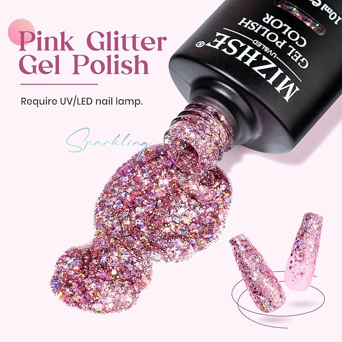 MIZHSE Glitter Gel Nail Polish Pink Sparkly Diamond Holographic Effect Soak off UV LED Gel Polish Chunky Gels Home DIY Salon Nails Art Design