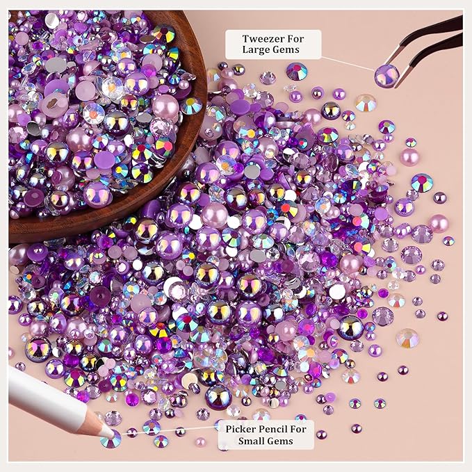 14000PCS Flatback Pearls and Rhinestones for Bedazzling Kit, Purple 3-10mm Resin Rhinestones and Half Pearls for Crafting, Nail Art Dec with 3pcs B7000 Jewelry Glue