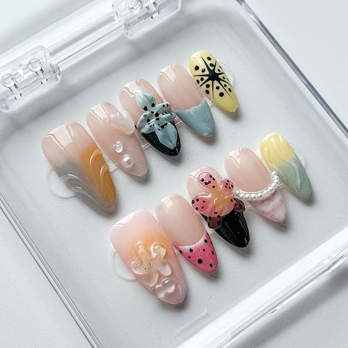 Luxury Press on Nails Medium Almond Handmade 3D Unique Reusable ABS Material Fake Nails French Tip False Nails with Designs Pearls Flower Water Ripple Glossy Glue on Nail Thick Acrylic Nail(M)