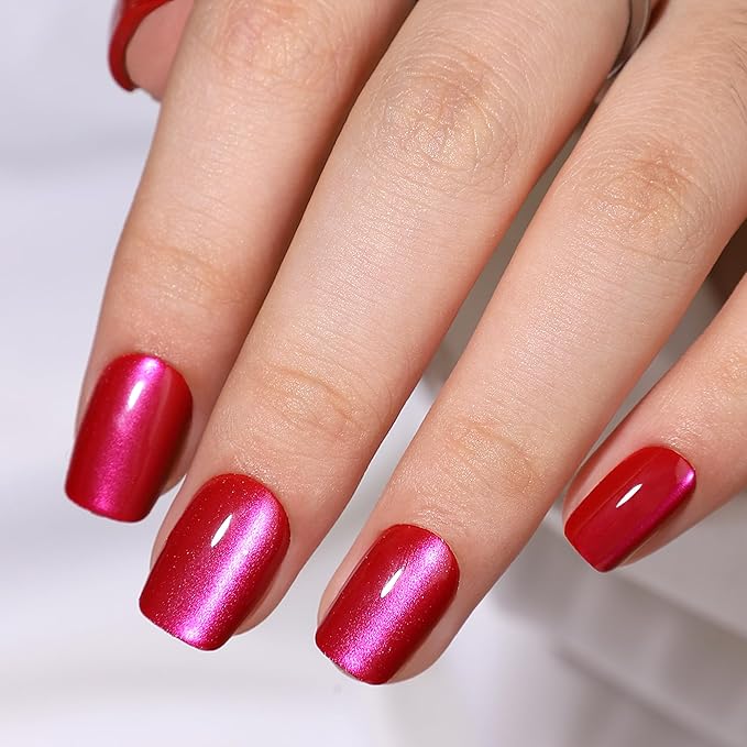 Press On Nails - Short Deep Red Square Nails, Soft Gel False Tips Kit, 32 Pcs Reusable