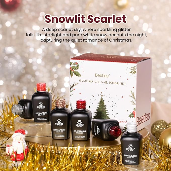 beetles Gel Polish Set – Snowlit Scarlet New Year Gel Polish Set, 6 Color Burgundy Red Glitter White Silver Snow Holiday Sparkle Manicure Kit Soak off UV Nail Art Gifts for Women