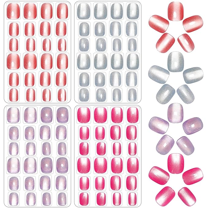 JANYUN 96 Pcs Cat Eye Design Fake Nails Press on, Nails Pre-glue Full Cover Short False Nails Nails Christmas Lovely Gift