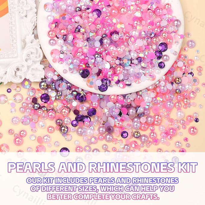 15 Grids Pearls and Resin Rhinestones for Crafting, Pink Colors White Purple Bedazzling Gems Kit, Jelly Resin Rhinestones for Nails Face Eyes Makeup Crafts Tumblers Bottles