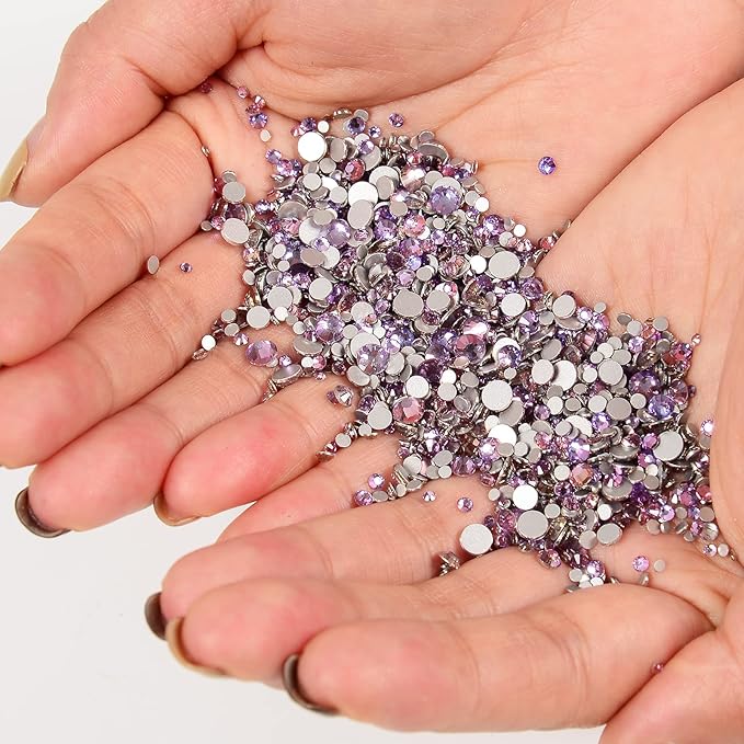 10000 Pieces Rhinestones 6 Sizes Round Crystal Glass Flat Back Rhinestones with 1Tweezers and 1Picking Pen for Nail Art Crafts Clothes Bags DIY (Pink Purple)