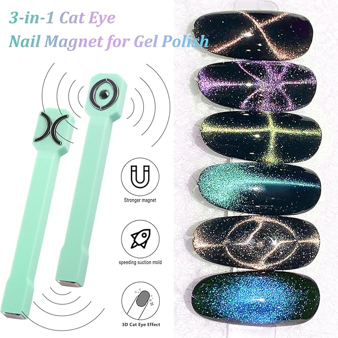 3-in-1 Cat Eye Magnet & French Tip Brush Set, Upgraded Nail Art Tool Kit for Magnetic Gel Polish, with Nail Clean Up Brush for Salon & Home Use (NAT266-Green)