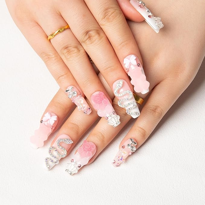 LOVFUL Press on Nails Marshmallo Gummy Bear Square | Handmade with Full Covered Crystals | Reusable Fake Nails | Coffin Classic Regular 1.3 in | H26-M