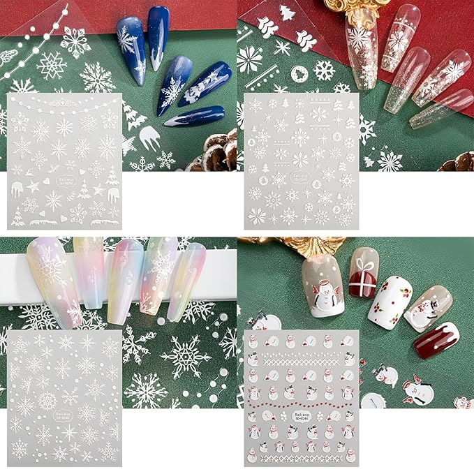 8 Sheets Christmas Nail Art Stickers Decals 5D Embossed Self-Adhesive Pegatinas Uñas Navidad Snowflake Santa Claus Snowman Reindeer Winter Holiday Manicure Decoration Supplies Accessories for Women