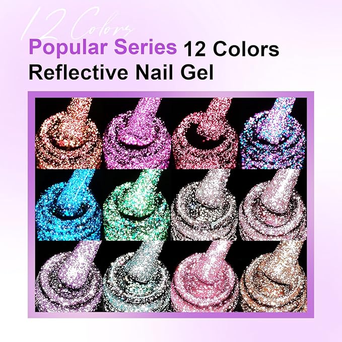 Reflective Glitter Gel Polish 12 Colors Sparkle Gel Nail Polish Set Diamond Shine Pink Purple Red Holographic Glitter Gel Soak off Uv LED Manicure Gifts for Women