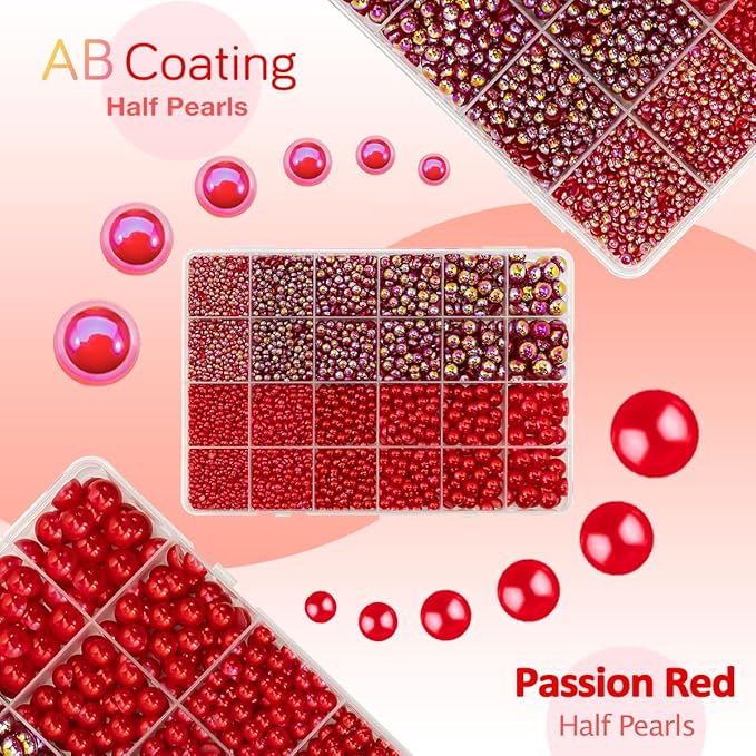 2 Styles Red Flatback Pearls for Bedazzling Crafting 3mm-10mm Half Round Pearls Siam Red Beads Gems Bedazzler Kit Charms for Nails Face Eyes Makeup Tumblers Bottles DIY Crafts Shoes Beauty Deco