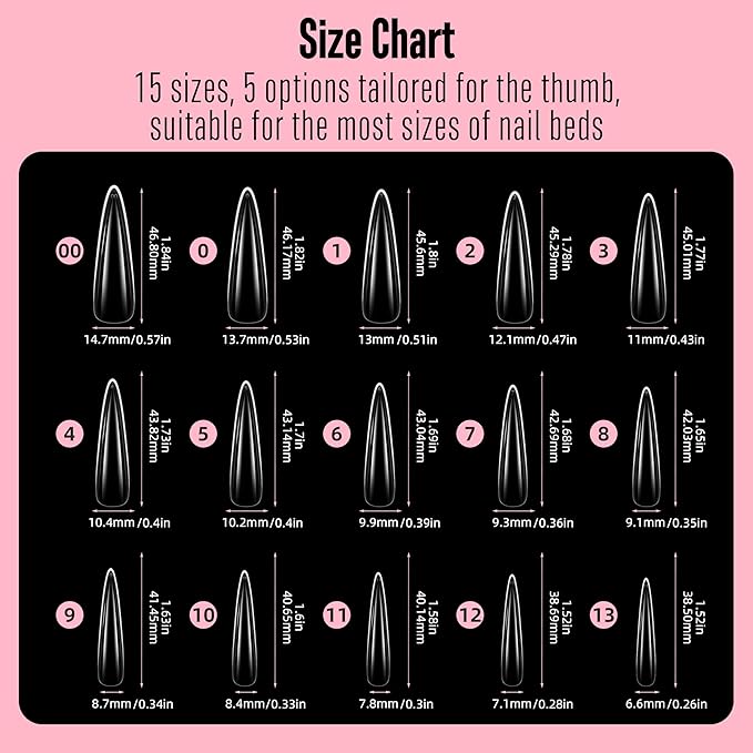 NOVO OVO Halloween Sculpted XXL Stiletto Almond Nail Tip for Curved Nail Beds, Extra Thick Long False Nails Press on, Full Cover Soft Gel Extension Fake Nail for Acrylic kit, Clear X 15 Sizes 300pcs