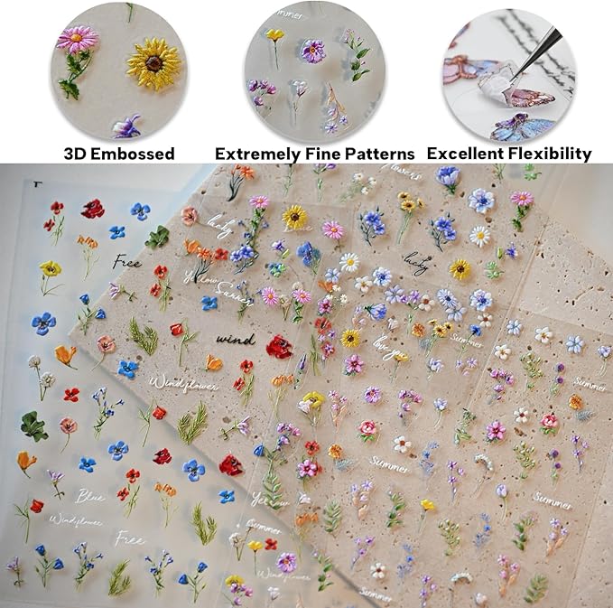 Flower Nail Art Stickers 3D Embossed Nail Decals for Nail Art Design Self-Adhesive Spring Summer Nail Accessories for Women Nail Art Supplies 3 Sheets