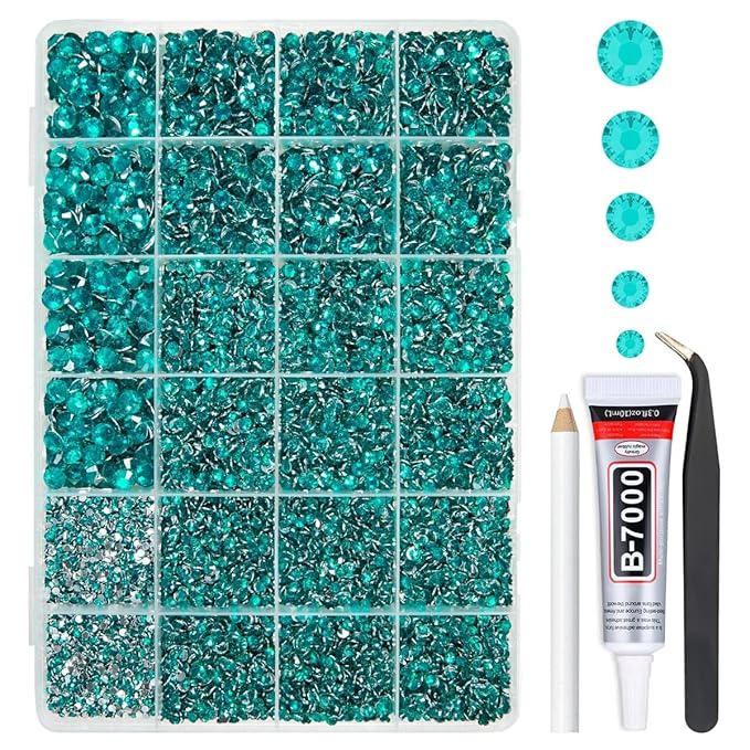 Cyan Green Resin Rhinestones w B7000 Glue for Bedazzling Crafting 2mm-6mm Teal Blue Flatback Stones Gems Turquoise Diamonds Bedazzler Kit for Nails Face Eyes Makeup Tumblers Bottles DIY Crafts