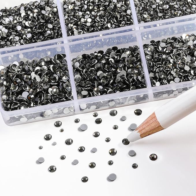 Beadsland 7200pcs Flatback Rhinestones,Gray Rhinestone Nail Gems Round Crystal Rhinestones for Crafts,Mixed 6 Sizes with Wax Pencil Kit, SS3-SS10,Black Diamond