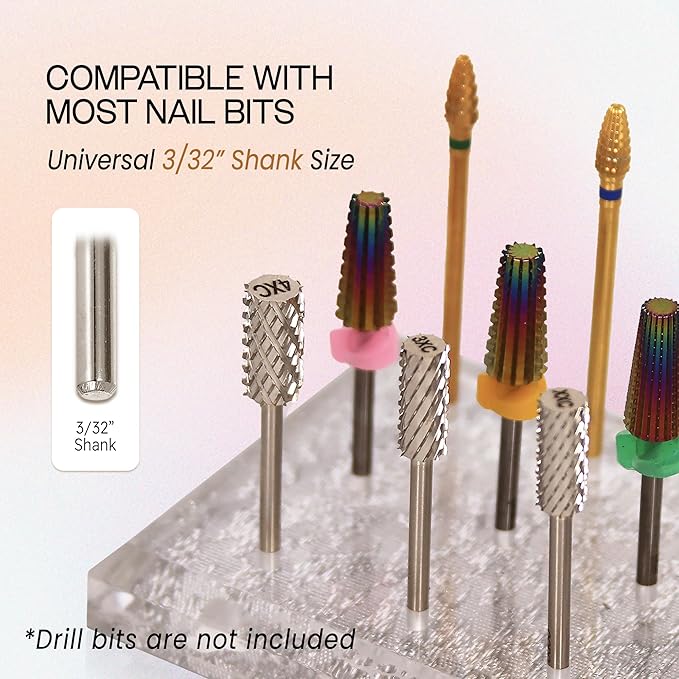 PANA Rectangle Transparent Acrylic Nail Drill Bit Holder Display Organizer Stand - Carbide Bit Storage Mount For Manicure Tools Nail Salon - 12 Holes Silver (Drill Bits Not Included)