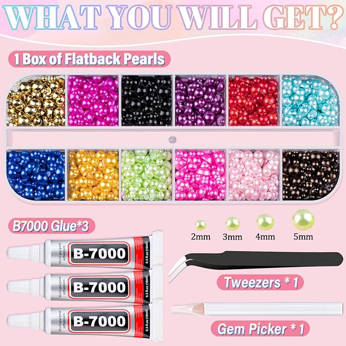 Flatback Pearls for Crafting with 3Pcs 10ml B7000 Jewelry Glue, 1 Box of Half Round Colorful Pearls, Bedazzling Beads for DIY Crafts Clothing Tumblers Shoes Embellishment Nail Art