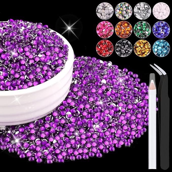 12000PCS 2mm Resin Rhinestones Bulk for Crafting (Dark Violet), Flatback Bedazzling Crystals for Crafts DIY Nail Decoration, Gems Charms for Tumbler Shoes Clothing Fabric with Pickup Pen and Tweezers
