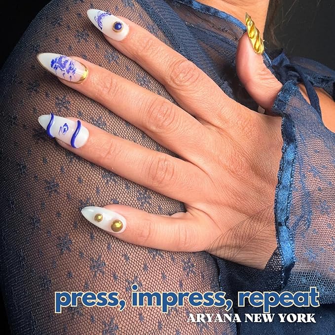 ARYANA NEW YORK Press On Nails - Handmade, Reusable, Luxury Almond Shape, Blue Dragon Chinese Pottery Collection - (Small)