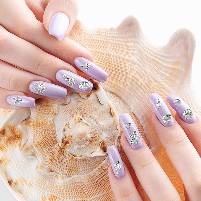 2 Disc Ocean Nail Art Charms, Beach Starfish Sea Seashell Nail Decal, Alloy 3D Gems Jewelry Decoration Supplies for Manicure DIY Embellishments 12 Style- Silver