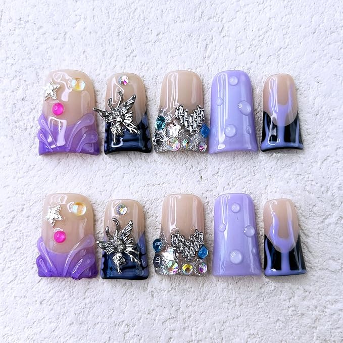 10 Pcs Handmade Press on Nails Medium Duck False Nails with Glue,3D Butterfly Rhinestone Design Purple Thick Fake Nails Heart and Star French Acrylic Reusable Glue on Nails for Women（Size M）