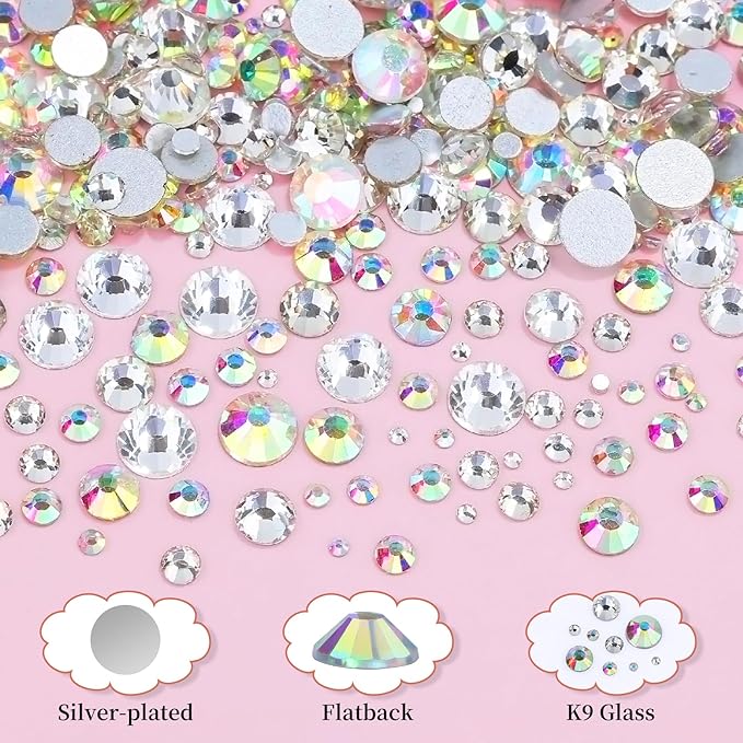 2500Pcs Clear AB Rhinestones for Bedazzling Kit, 1.5/2/2.5/3/4.5/6mm Mix Sizes Bedazzling Resin Gems Flatback Crystal Rhinestones with Pickup Tools for Manicure Crafts DIY (5-K1-glass-rhinestones)