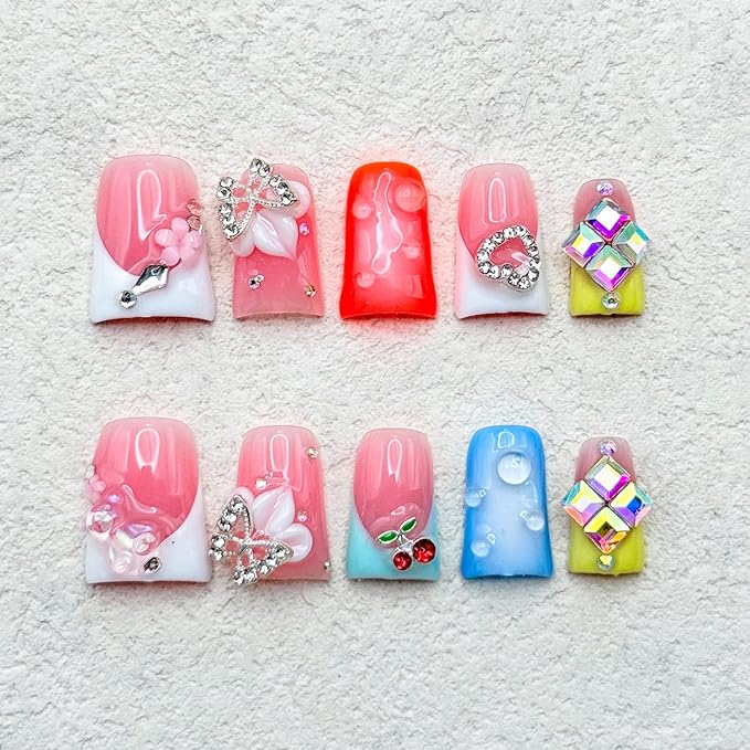 French Press on Nails Handmade Nails with Glue,Orange Medium Duck Fake Nails with 5D Flower Art ＆ Big Rhinestone Design Muti-Layer Gel Handmade Nail Acrylic Nature False Nails for Wome (Size S)