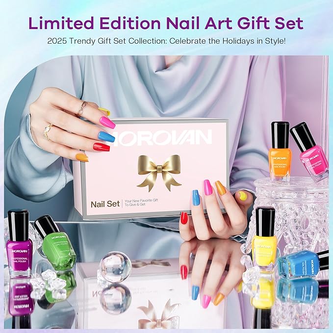 Morovan Nail Polish Set Fingernail: 2026 Nail Gift Kit Bright Rainbow Color Air Quick Dry Regular 0.27oz Finger Nail Polish Pack with Base Top Coat Christmas Winter Holiday Manicure for Women Girl