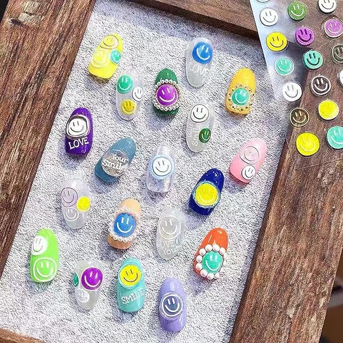 Dedyel Smile Nail Art Stickers Cute Nail Stickers Cartoon Nail Stickers 5D Embossed Smile Face Nail Stickers Kawaii Self-Adhesive Nail Stickers for Women Girls Kids Nail Art Decoration