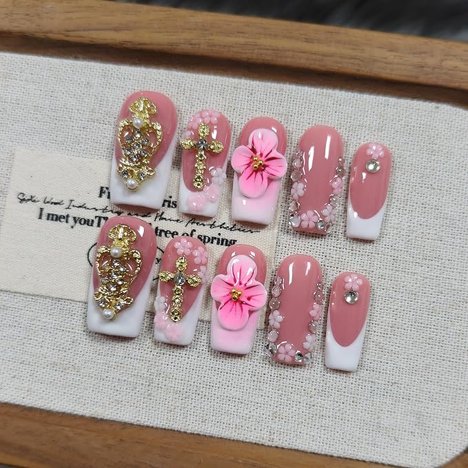 Squoval Press on Nails Medium - White French Tips with 3D Cross & Floral Lace, Reusable & Handmade False Nails for Edgy Everyday Wear | Sweet Gothic Style(S)
