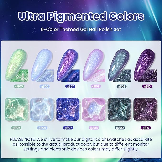 Beetles Glitter Gel Polish Set – Kaleido Galaxy 6 Colors Shimmer Chameleon Blue Green Purple UV LED Gel Nail Polish Sparkly Glitter Nail Gel Kit Nail Art Design Gel Spring Gifts for Women