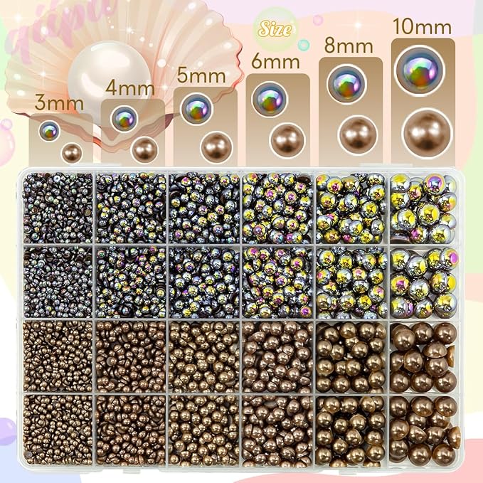 2 Styles Solid Dark Brown+ Brown AB Flatback Pearls for Bedazzling Crafting 3mm-10mm Coffee Half Round Pearls Beads Gems Bedazzler Kit for Nails Face Eyes Makeup Tumblers Bottles DIY Crafts
