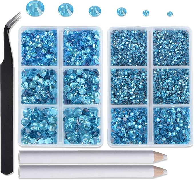 8000pcs Hotfix Rhinestones Flatback,Rhinestones for Crafts Clothes Mixed 6 Sizes, Hotfix Crystals with Wax Pencil Kit, SS4-SS30,Aquamarine