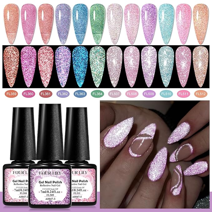 Reflective Glitter Gel Polish 12 Colors Sparkle Gel Nail Polish Set Diamond Shine Pink Purple Red Holographic Glitter Gel Soak off Uv LED Manicure Gifts for Women